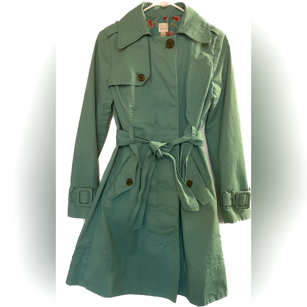 LC Lauren Conrad Teal Trench Coat with Floral Lining, Size 4